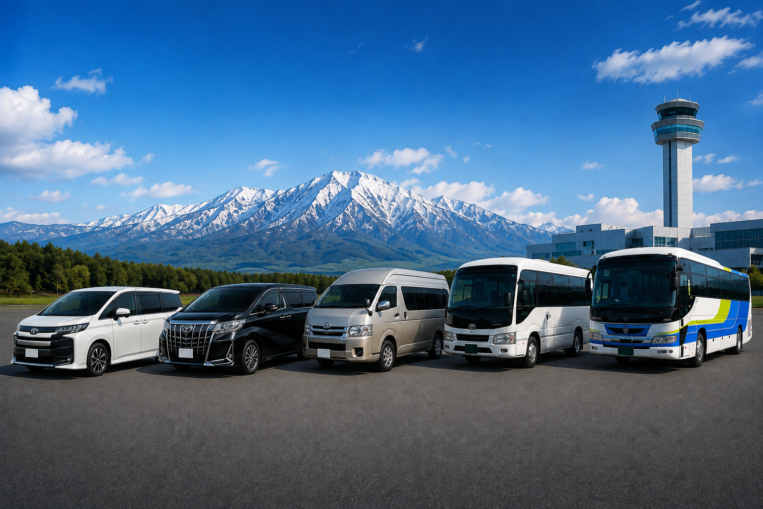Airport Transfer - Rental Cars/Drivers
Make the aspect ratio 16:9. the Jumbo Hire (Hi-Ace) looks squashed. the trees look fake. the mountains are wrong. the airport tower is wrong. please fix them. there is too much space at the bottom and top of the image